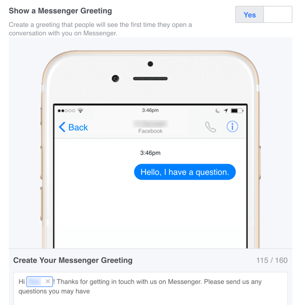 V aplikaci Nastavení můžete nastavit vlastní uvítací zprávu pro Facebook Messenger.