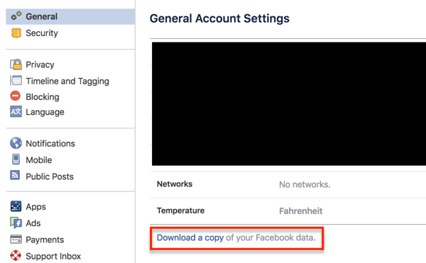 Kliknutím na odkaz stáhnete údaje svého profilu na Facebooku.