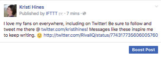 Takto vypadá oblíbený tweet, když je sdílen na vaší stránce na Facebooku prostřednictvím IFTTT.