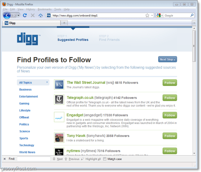 nová funkce digg follow při prvním přihlášení