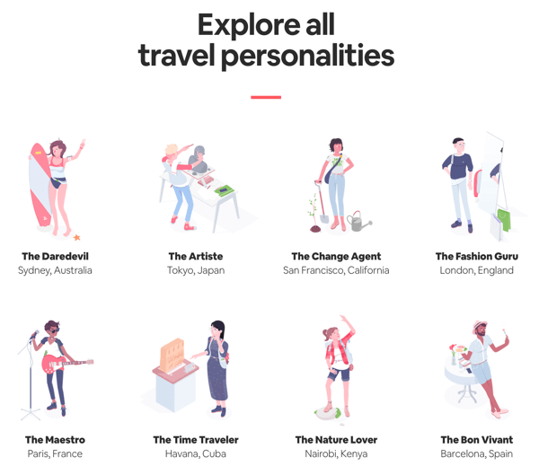 Příklad stránky se všemi výsledky a výsledky, které může uživatel prozkoumat z kvízu Travel Matcher na Airbnb.