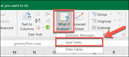 Tlačítko možnosti Vyhledat cíl aplikace Excel