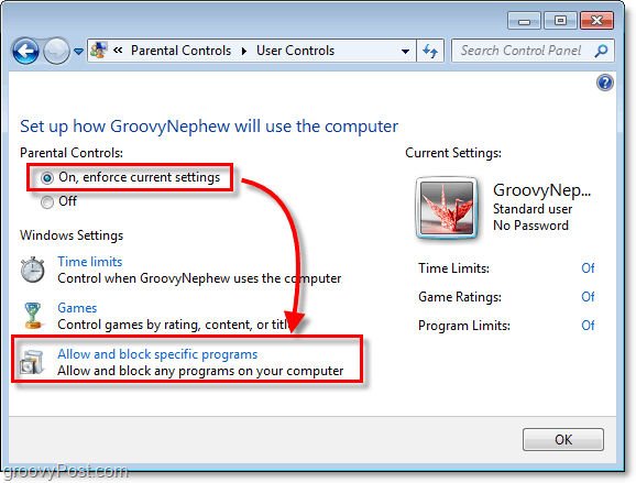 zapněte rodičovskou kontrolu v systému Windows 7 pro konkrétního uživatele a poté povolte a zablokujte specifické programy