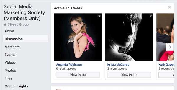 Facebook zdůrazňuje, kteří členové skupiny byli tento týden ve skupině nejaktivnější.
