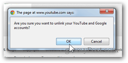 Propojení účtu YouTube s novým účtem Google - Kliknutím na tlačítko OK zrušíte propojení účtu