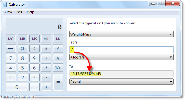 převádění kilogramů na libry pomocí systému Windows 7 Calc