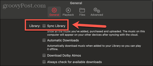 Apple Music Sync zaškrtávací políčko mac