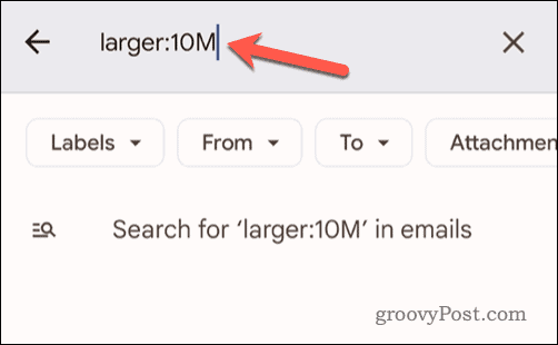 Nastavení kritérií velikosti e-mailu ve vyhledávacím poli Gmailu na mobilu