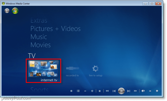 Windows 7 Media Center - klikněte na internetovou televizi
