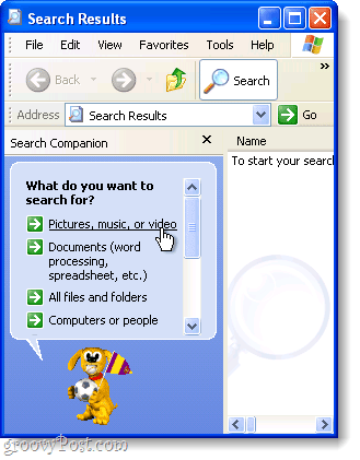 Windows XP Rozšířené vyhledávání