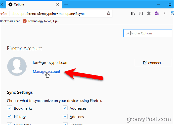 Ve Firefoxu pro Windows klikněte na Spravovat účet