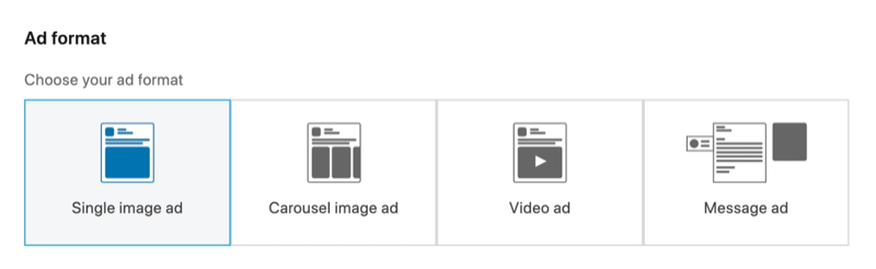 snímek obrazovky možnosti Single Image Ad vybraný pro formát reklamy LinkedIn