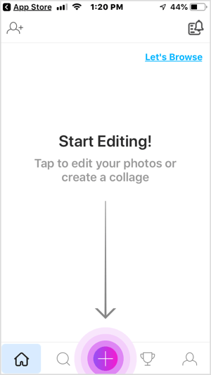 Klepněte na tlačítko + v mobilní aplikaci PicsArt.