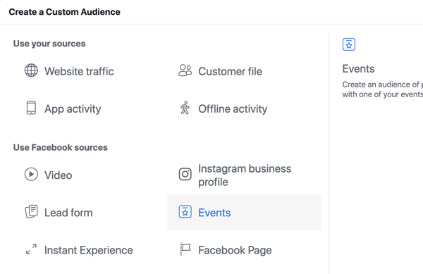Jak propagovat živou událost na Facebooku, krok 10, vytvořit vlastní publikum ve službě Facebook Ads Manager na základě zobrazení stránky události
