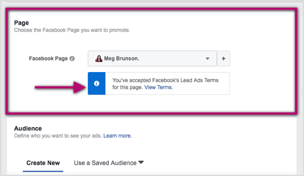 Vyberte stránku Facebook pro hlavní reklamu ve službě Ads Manager