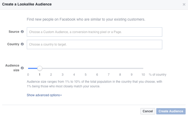 Tyto možnosti uvidíte, když si vytvoříte podobné publikum na Facebooku.