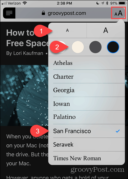 Změňte písmo a barvu v zobrazení Reader v prohlížeči Safari pro iOS