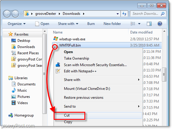 přesunout odemknutý soubor bin do nové složky v systému Windows 7 pomocí řezu