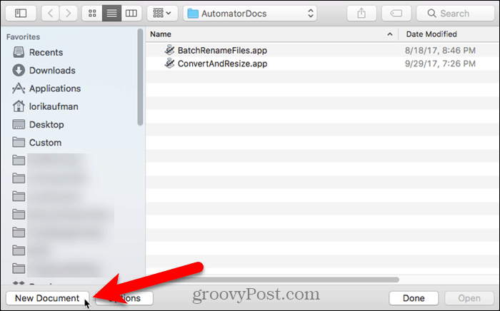 Klepněte na Nový dokument v automatu v systému Mac