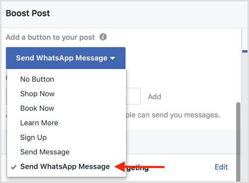 Když podporujete příspěvek na Facebooku, vyberte možnost Odeslat zprávu WhatsApp.