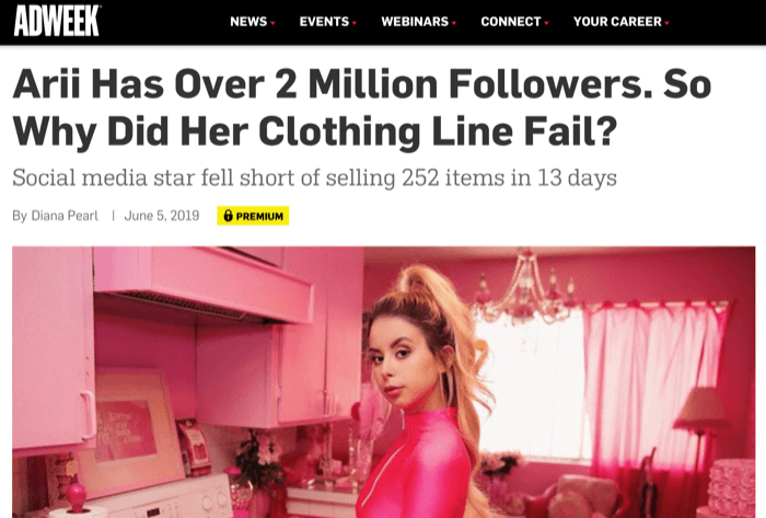 Influencer Instagramu Arri se 2 miliony následovníků nedokázal prodat řadu oděvů