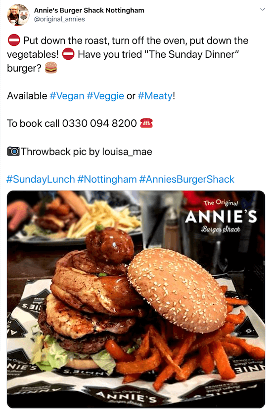 snímek obrazovky příspěvku na Twitteru od @original_annies s obrázkem hamburgeru a hranolků se sladkými bramborami pod chytlavým popisem, jejich telefonním číslem, obrázkovým kreditem a hashtagy