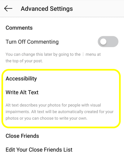 Jak přidat alternativní text k příspěvkům Instagramu, krok 2, možnost zpřístupnění příspěvku Instagramu k nastavení alt tagu