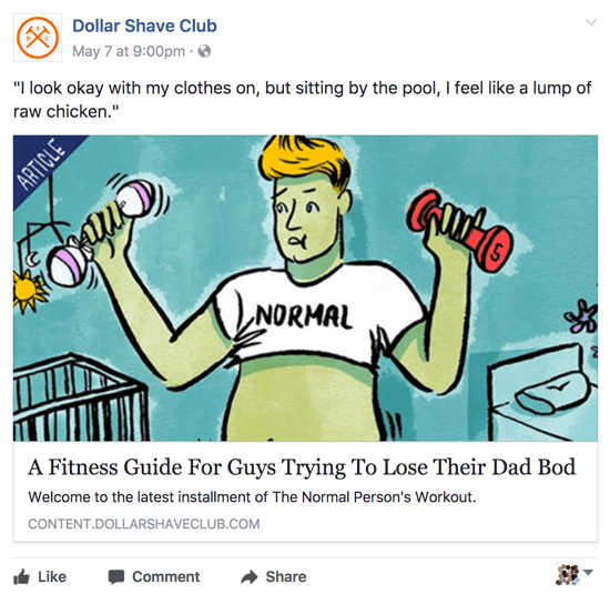 Klub Dollar Shave Club sdílí relevantní a chytrý obsah na své obchodní stránce na Facebooku.