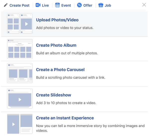Jak nastavit Facebook Premiere, krok 2, nahrát možnost foto / video