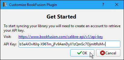 Zadejte klíč API v dialogovém okně Customize BookFusion Plugin v Caliber