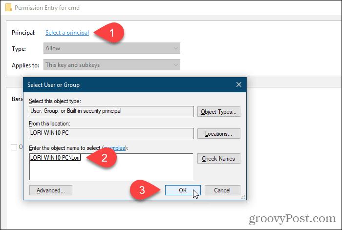 Klepněte na Vybrat hlavní a vyberte uživatele nebo skupinu, která mají oprávnění v registru Windows