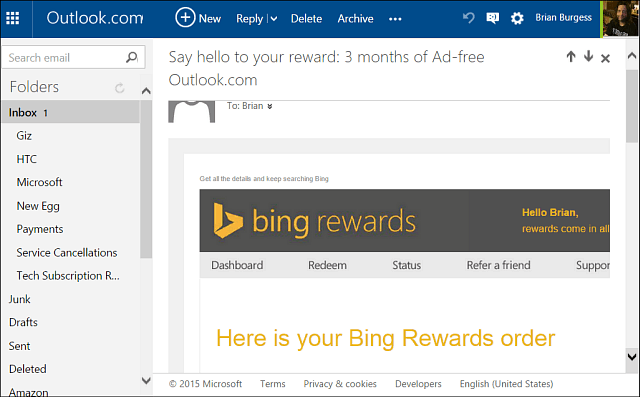 Získejte reklamy Oultook.com bez reklam po celý rok s odměnami Bing