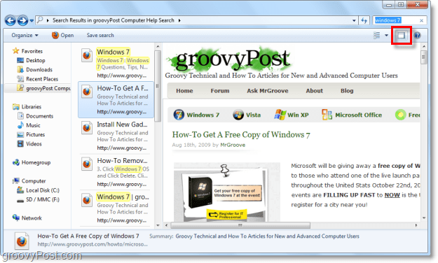 Pomocí podokna náhledu systému Windows 7 můžete prohlížet webové stránky pomocí vyhledávacího konektoru v okně průzkumníka