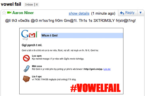 Selhání samohlásky Gmailu v dubnu 2010