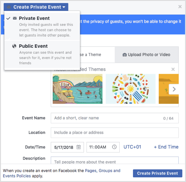Možnosti události na Facebooku při vytváření události z profilu na Facebooku