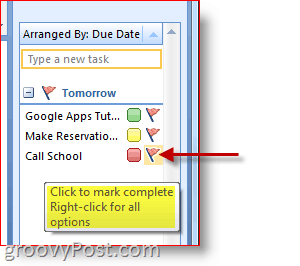 Panel úkolů aplikace Outlook 2007 - Klepnutím na Označit úkol označte položku Dokončeno