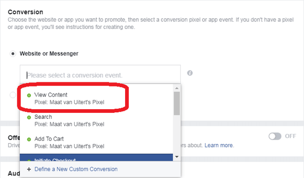 Pokud jste jako cíl reklamy na Facebooku Messenger zvolili Konverze, zvolte konverzní událost.