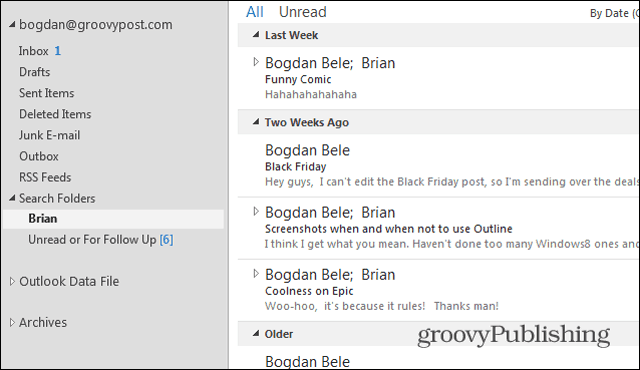 Složky vyhledávání aplikace Outlook 2013 Brian