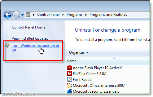 klepnutím zapněte nebo vypněte funkce systému Windows z okna programů a funkcí systému Windows 7