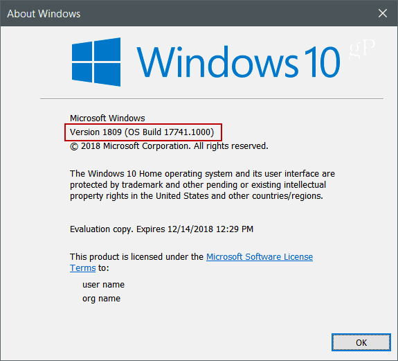 Winver Windows 10 verze 1809