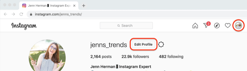 snímek obrazovky profilu Instagram se zvýrazněným tlačítkem „upravit profil“