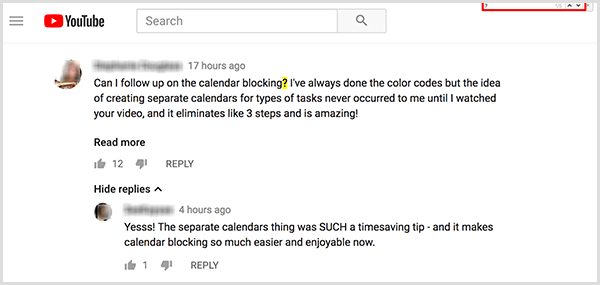 Amy Landino používá příkaz Najít k hledání otazníků ve svých komentářích k videu na YouTube. Pole Najít se zobrazí v pravém horním rohu okna prohlížeče. Po vyhledání otazníku je znak na webové stránce videa žlutě zvýrazněn.