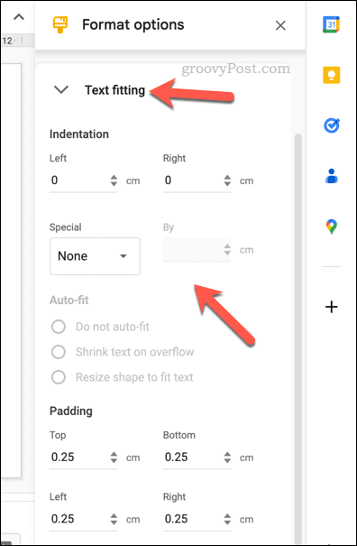Změna možností přizpůsobení textu pro tabulku Prezentací Google
