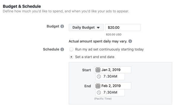 Možnosti rozpočtu a harmonogramu pro hlavní reklamní kampaň na Facebooku.