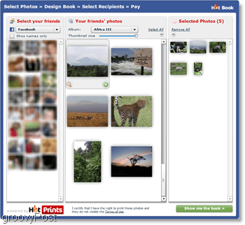 Služba HotPrints umožňuje vybrat si z vlastních nahraných fotografií nebo fotografií od přátel na Facebooku