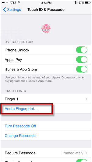 Klepněte na Přidat otisky prstu - Přidat otisky prstu k Touch ID