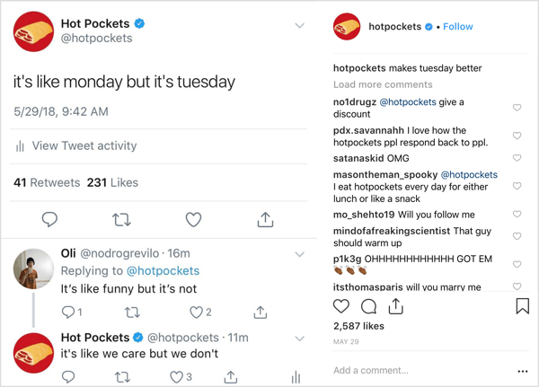 Hot Pockets Instagramový příspěvek se zvláštním humorem.