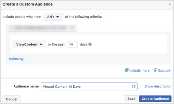 Vyberte možnosti pro vytvoření vlastního webu publika na Facebooku na základě události ViewContent 