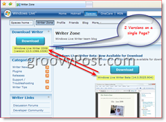 Obrázek blogu Windows Live Writer, který ukazuje 2 různé verze k dispozici ke stažení