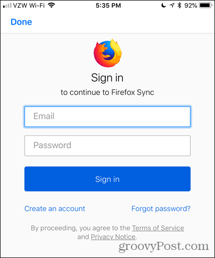 Zadejte svůj e-mail a heslo do Firefoxu pro iOS